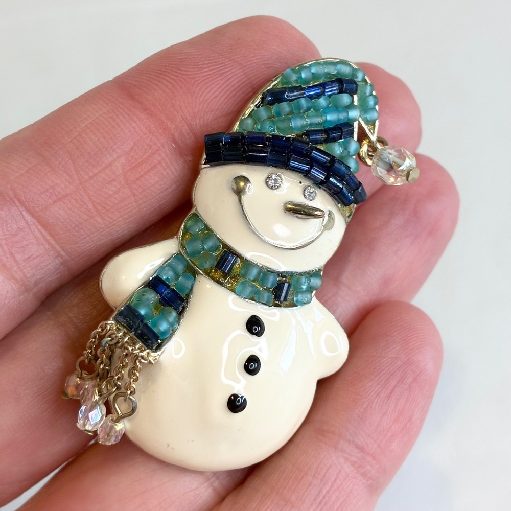 Liz Claiborne Snowman Brooch Enamel Beaded Blue Green Winter Pin